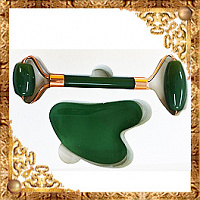 Набор роллер-массажер для лица + скребок гуаша зеленый